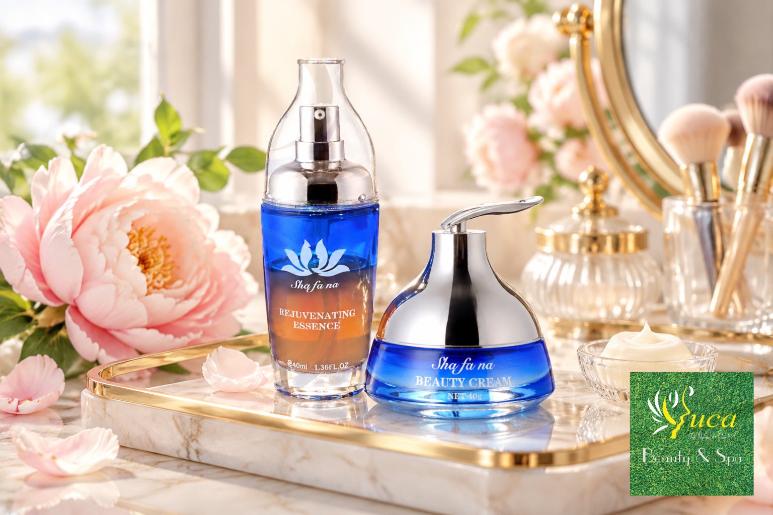 Không gian bàn trang điểm phong cách tối giản thanh lịch, chai tinh chất Shafana Rejuvenating Essence và hũ Beauty Cream đặt…