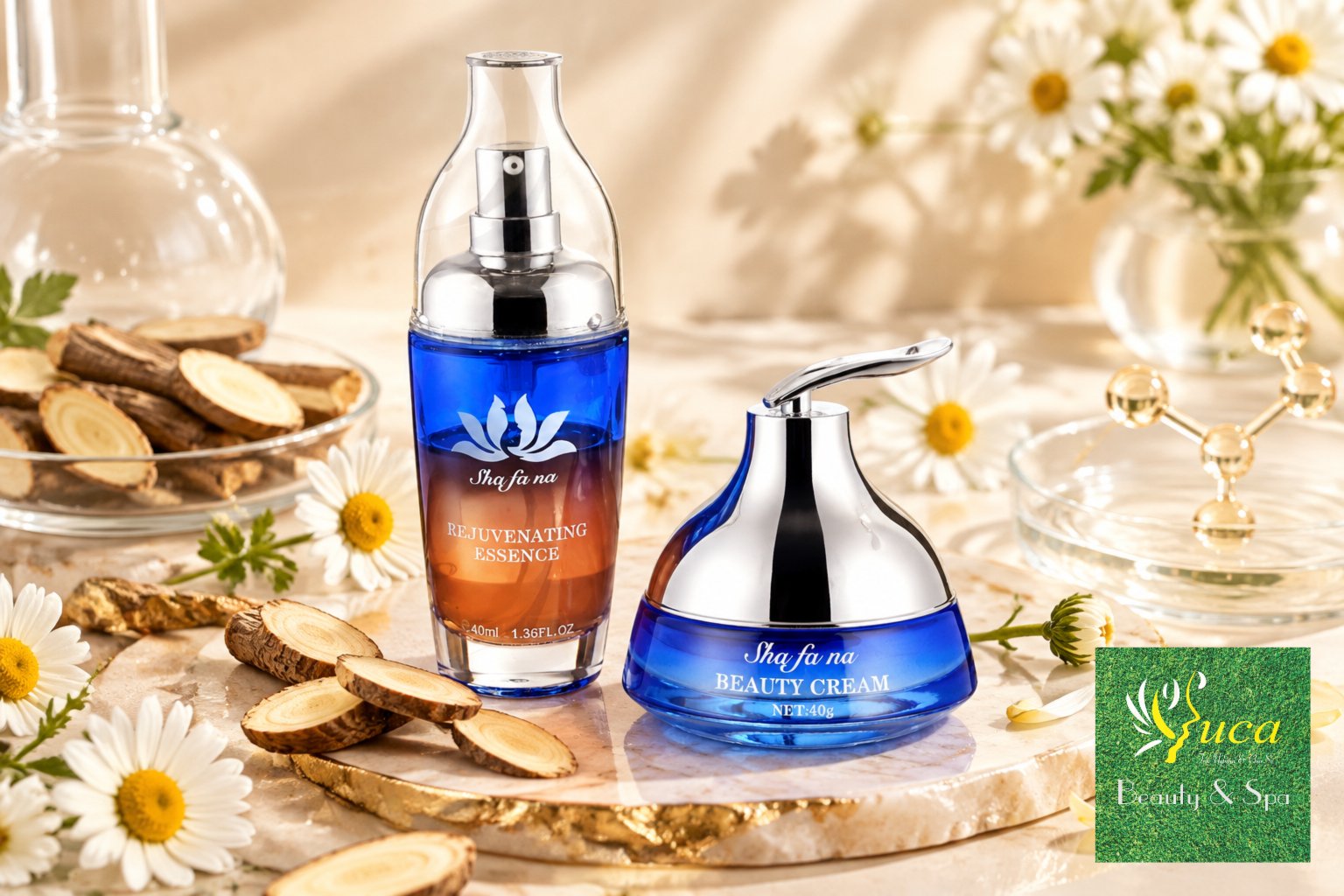 Bố cục phẳng (flatlay) đậm chất khoa học và thẩm mỹ tinh tế; chai tinh chất Rejuvenating Essence đặt ở trung tâm trên nền giấ…